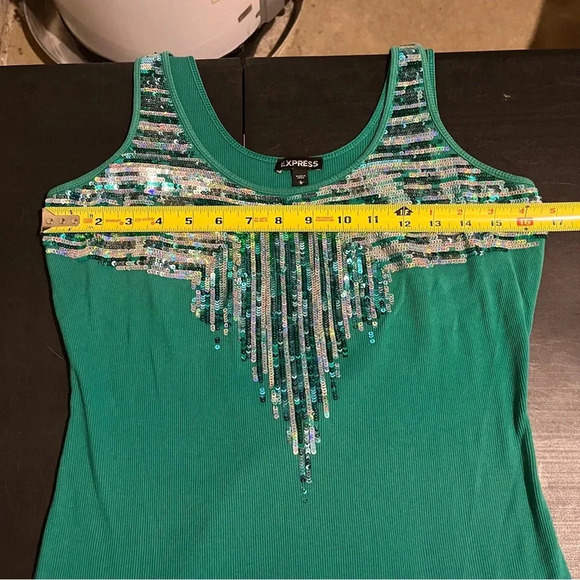 Express Tank Top Shirt Size Large Sequin Front Sexy Bright Bold Green 80s Y2K - Picture 6 of 7